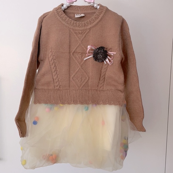 Little Girls Tan Sweater Dress with Tutu - Picture 3 of 3